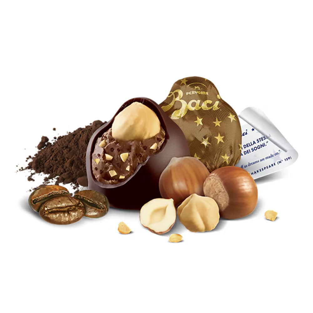 Baci chocolate truffles with hazelnuts and a Baci branded box on a white background