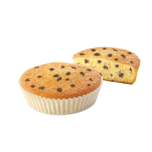 Two chocolate chip cakes, one in a white paper cup, on a white background