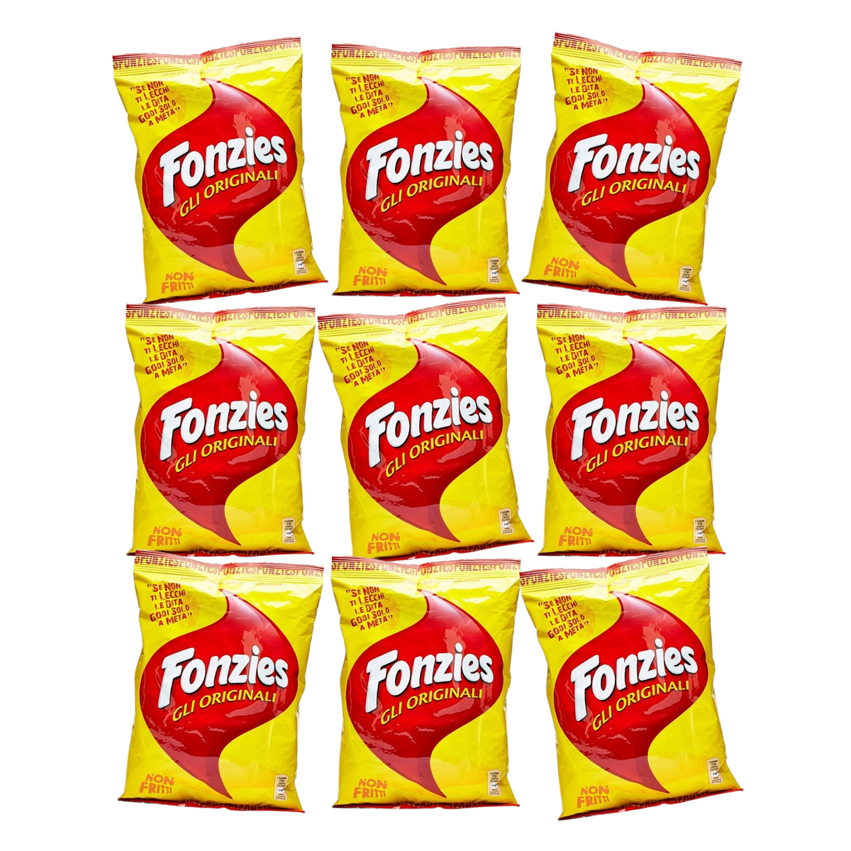 Nine packages of Fonzies Original snacks