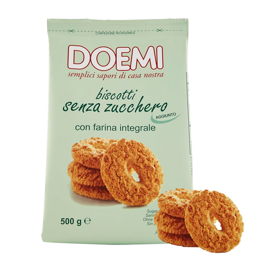 Packaging of DOEMI sugar-free cookies with integral flour on a light green background