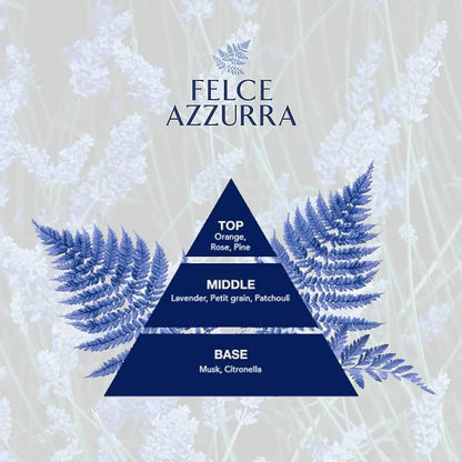 Felce Azzurra fragrance pyramid with floral elements on a light background