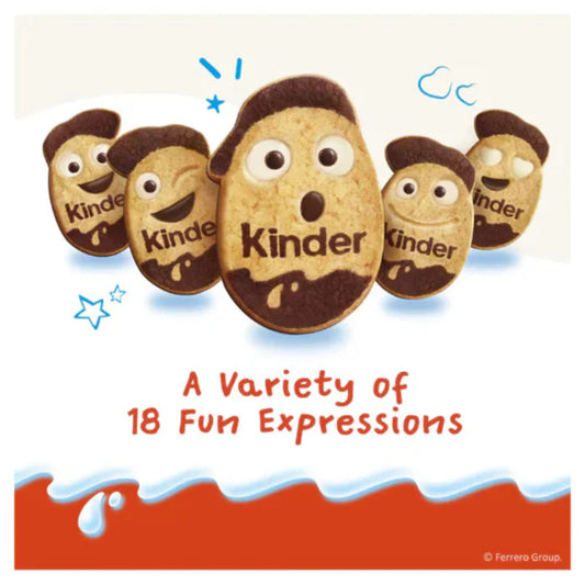 Kinder chocolate bars with cartoon faces on a white background
