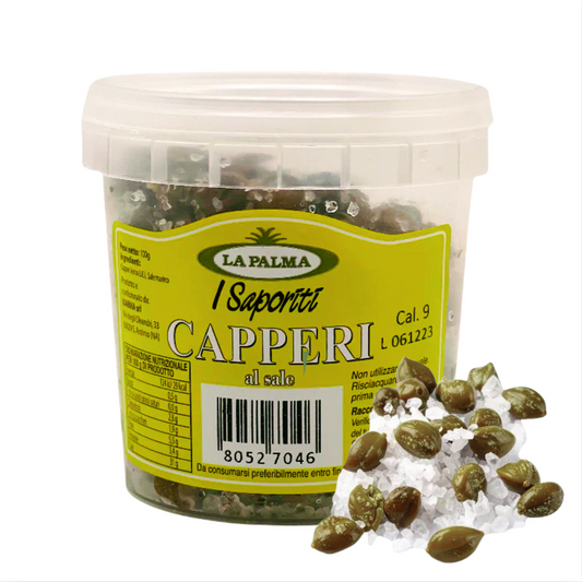 Container of capers with a label on a white background