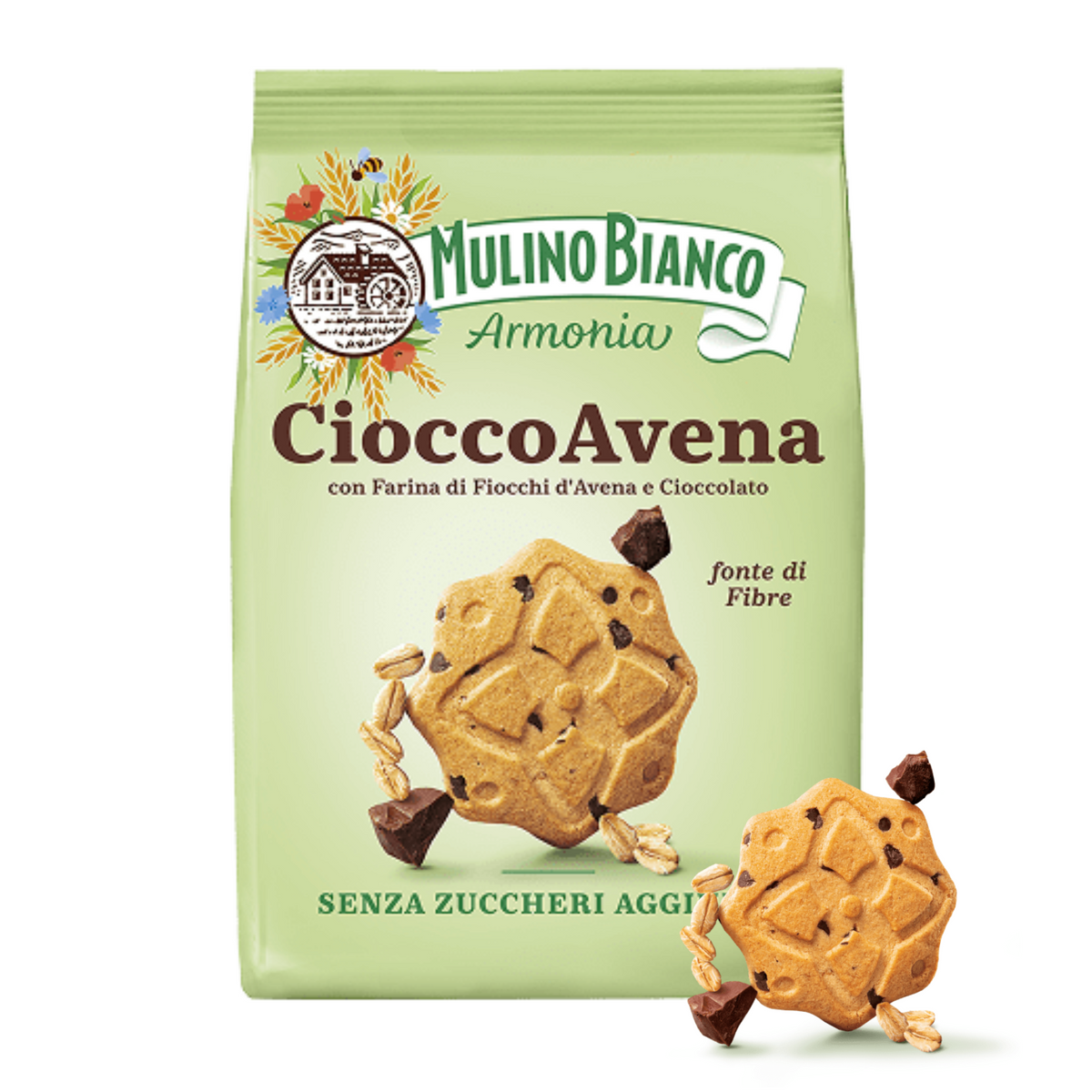 Mulino Bianco CioccoAvena cookie package with cookies on a white background