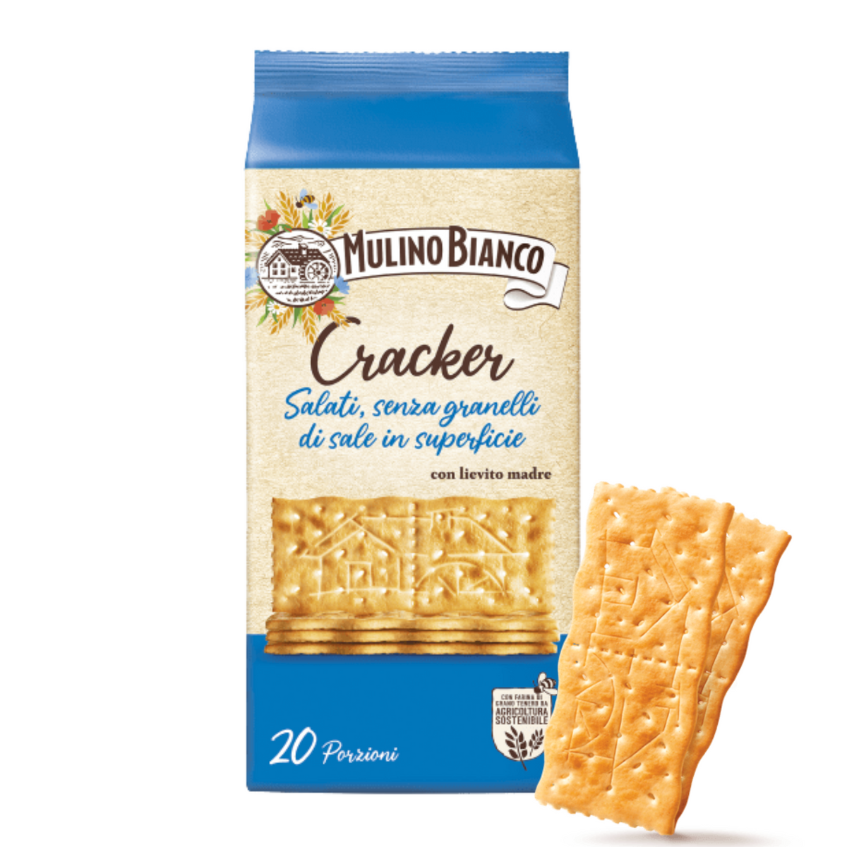 Mulino Bianco cracker package with a cracker on a white background