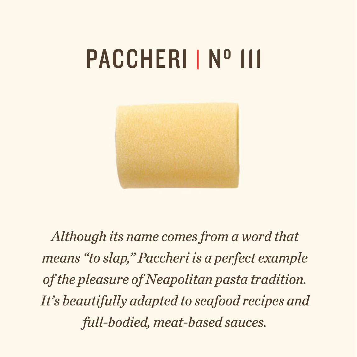 Paccheri pasta with description on a white background