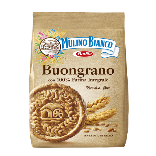 Mulino Bianco Buongrano cookie package on a white background