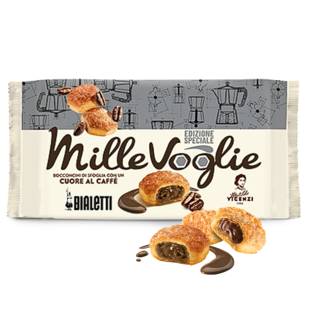 Packaging of MilleVoglie cookies with Bialetti logo on a white background